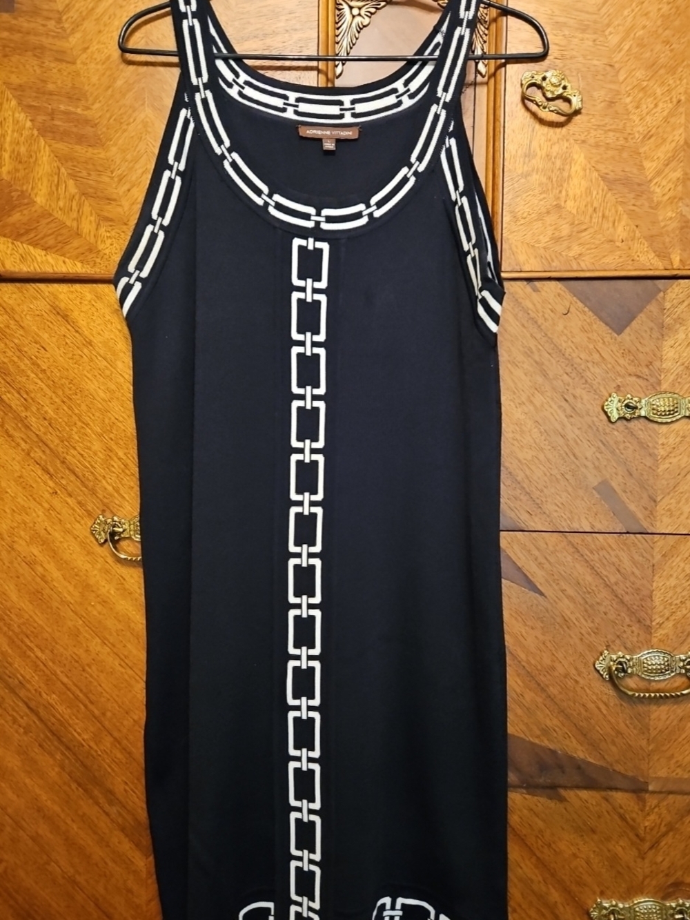 Adrienne Vittadini Black Greek Key Chain-Trim Knit Size Large Tank Dress